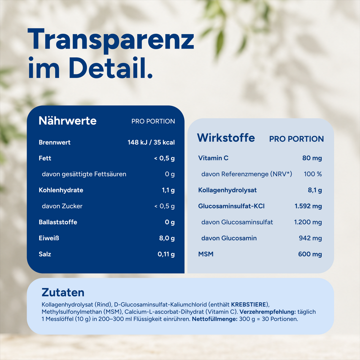 Transparenz im Detail — Nährwerte und Wirkstoffe pro Portion.