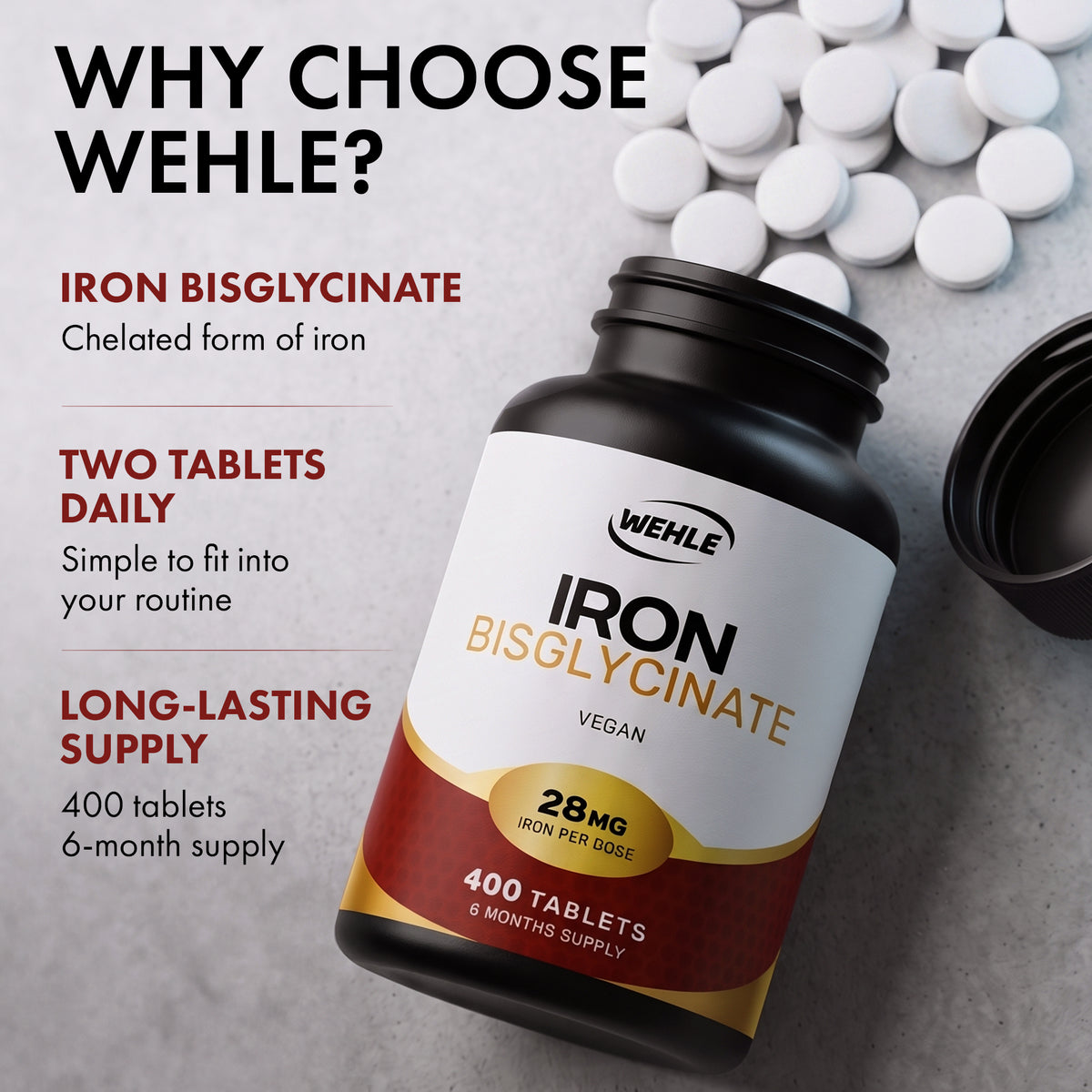 Iron Tablets as Bisglycinate 28mg, 400 Vegan Tablets, 6 Month Supply - Gentle Iron Supplements for Women and Men I Ferrous Bisglycinate