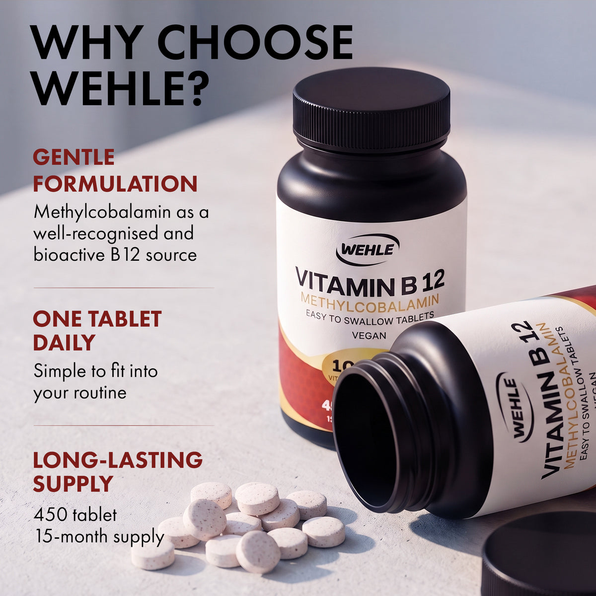 Vitamin B12 Tablets High Strength 1000mcg Methylcobalamin Supplement - 450 Vegan Tablets, 15 Months Supply, B12 Supplement