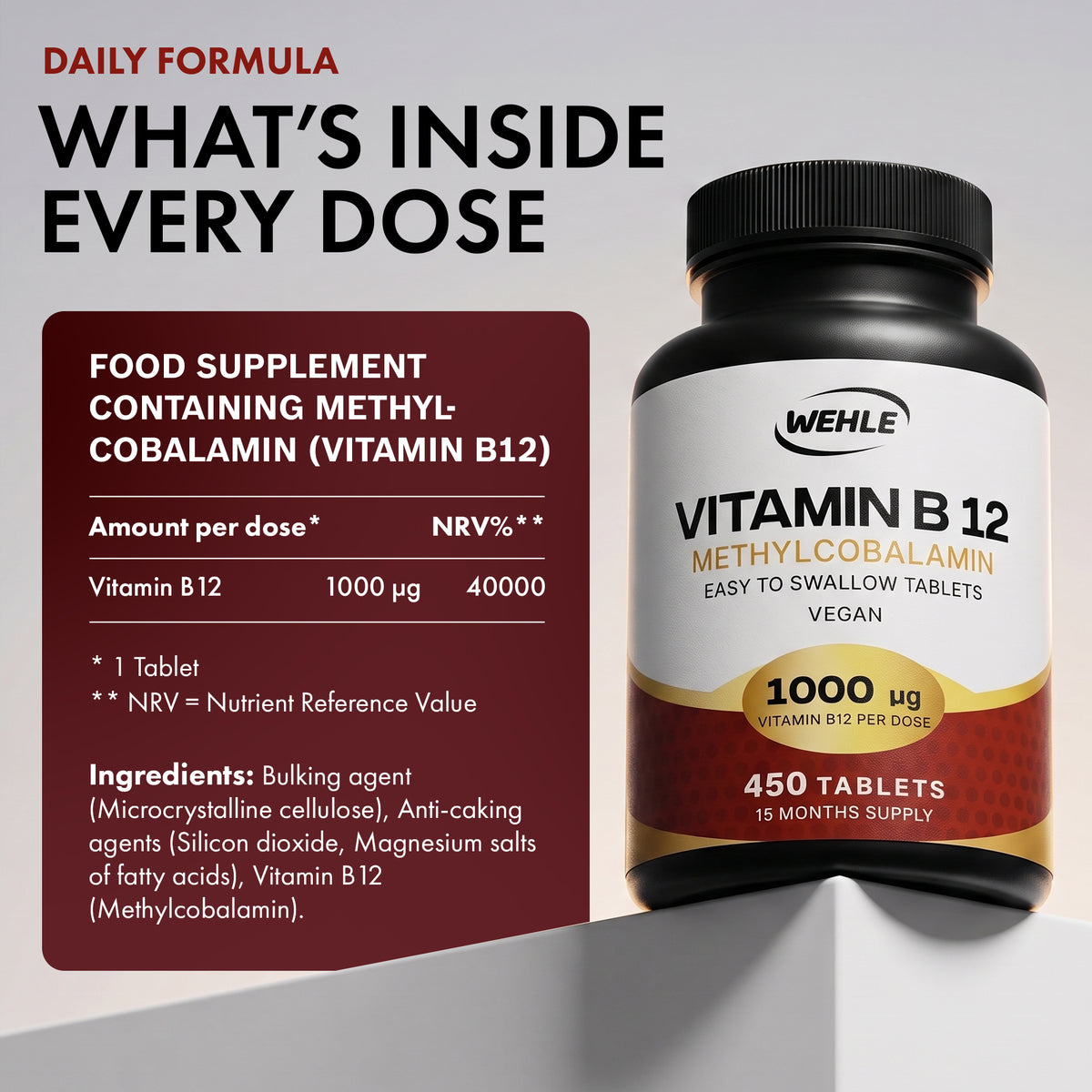 Vitamin B12 Tablets High Strength 1000mcg Methylcobalamin Supplement - 450 Vegan Tablets, 15 Months Supply, B12 Supplement