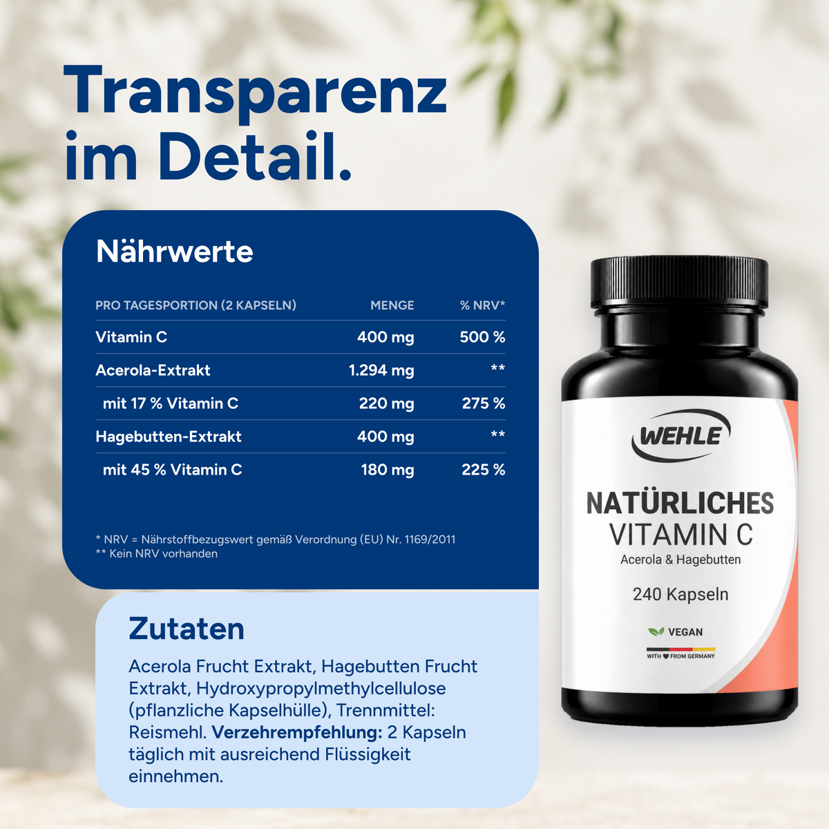 Natürliches Vitamin C Acerola Extrakt Hagebutten Extrakt - 240 Kapseln