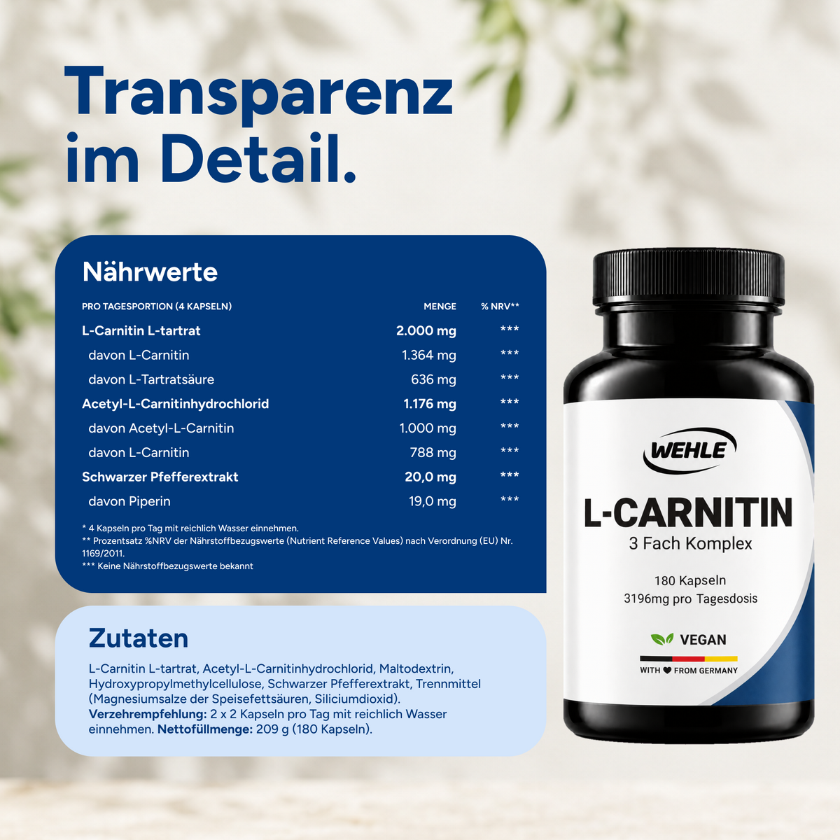 L-Carnitin Kapseln Hochdosiert - 180 Kapseln