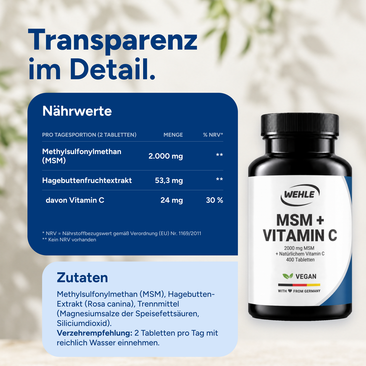 MSM + Vitamin C Tabletten Hochdosiert - 400 Stück