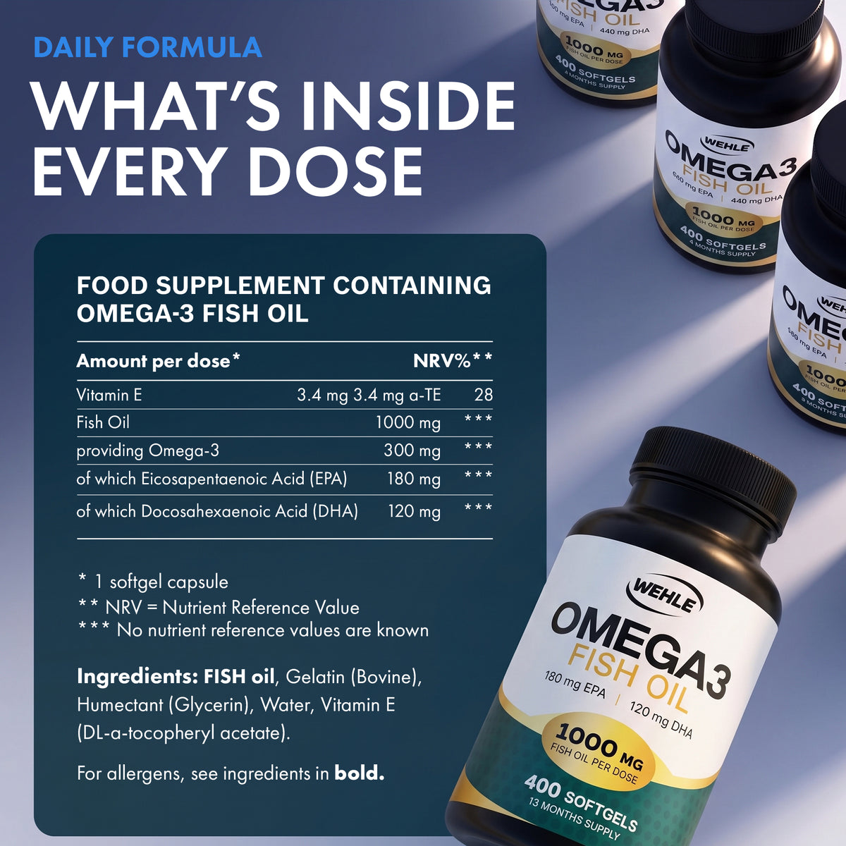 WEHLE Omega 3 Fish Oil Capsules High Strength 1000mg, 400 Softgels