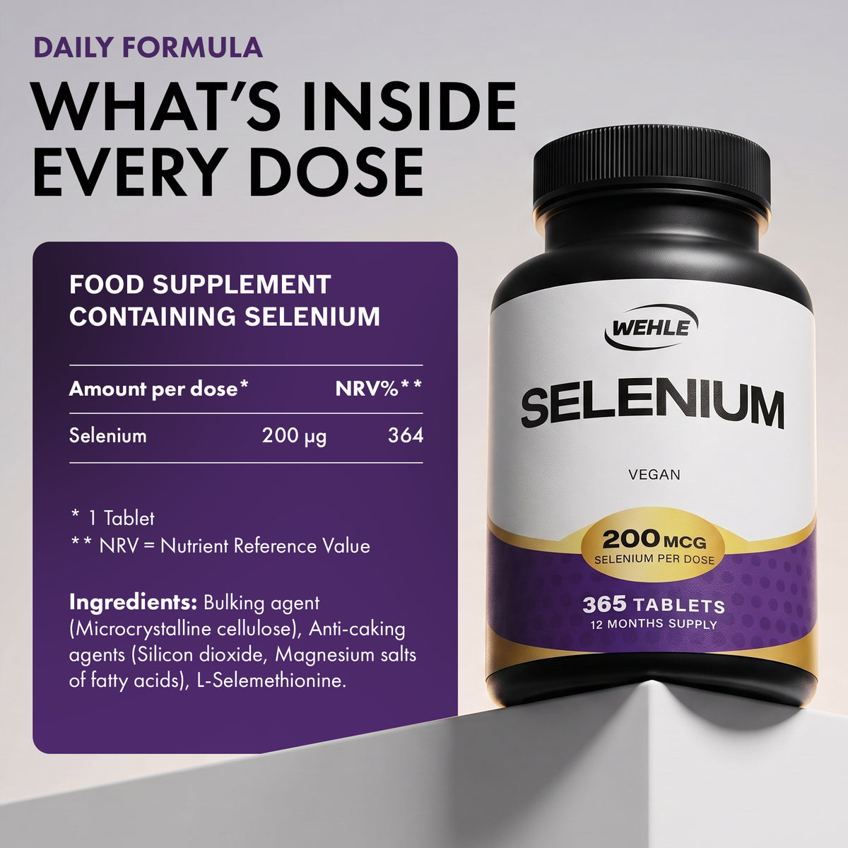 Selenium Supplements 200mcg, 365 Vegan Tablets, 12 Month Supply - Selenium as L-Selenomethionine - Supports Normal Thyroid & Immune Function and Maintenance of Normal Hair & Nails