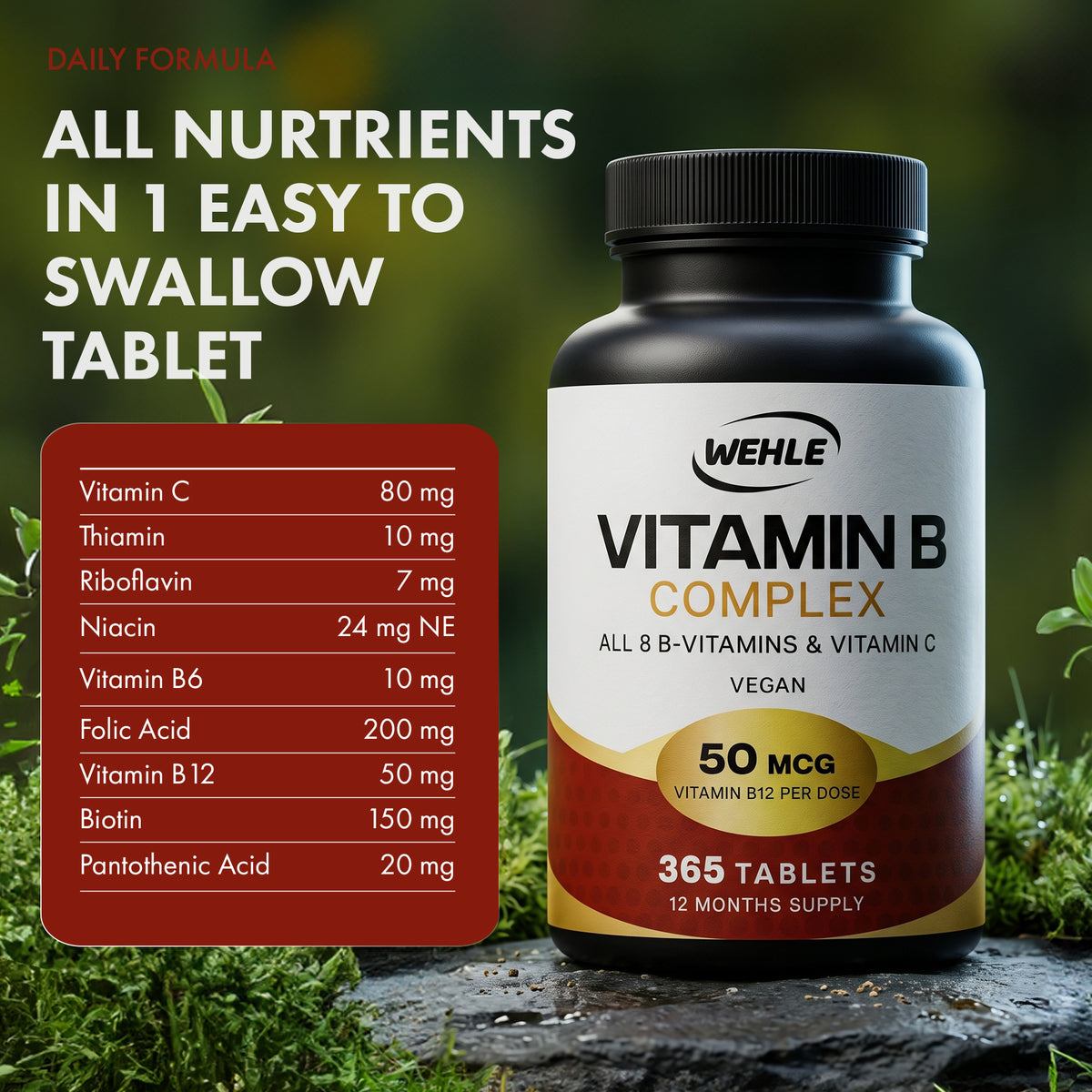Vitamin B Complex High Strength, 365 Vegan Tablets, 12 Months Supply - All 8 B Vitamins + Vitamin C | Vitamin B1-B2-B3-B5-B6-B12, Biotin, Folic Acid & Vit C
