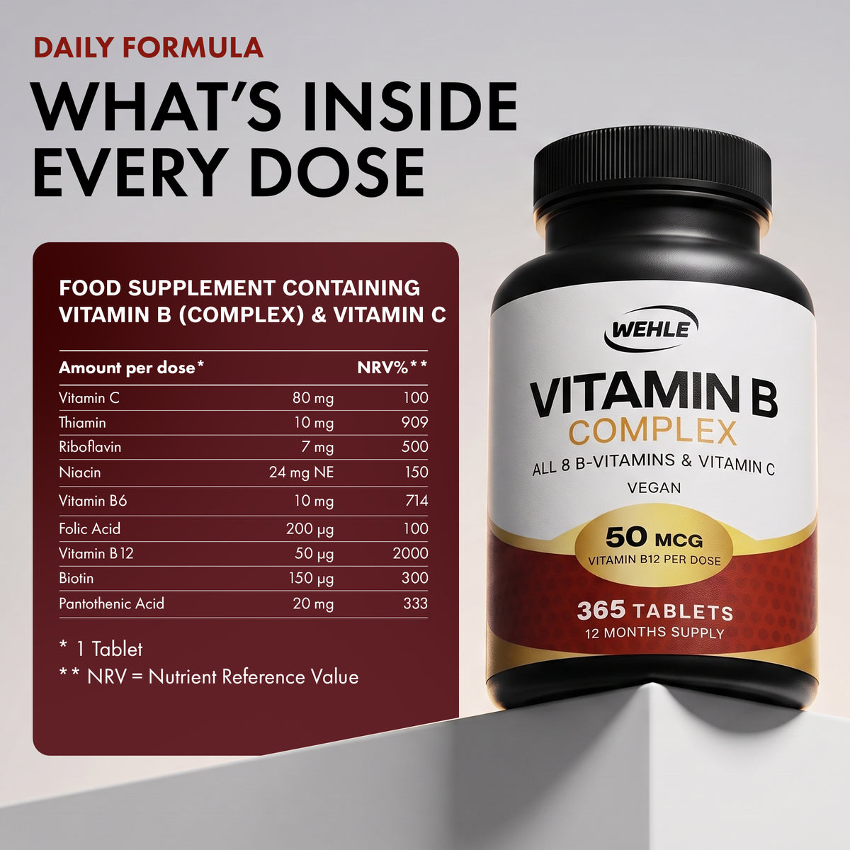 Vitamin B Complex High Strength, 365 Vegan Tablets, 12 Months Supply - All 8 B Vitamins + Vitamin C | Vitamin B1-B2-B3-B5-B6-B12, Biotin, Folic Acid & Vit C