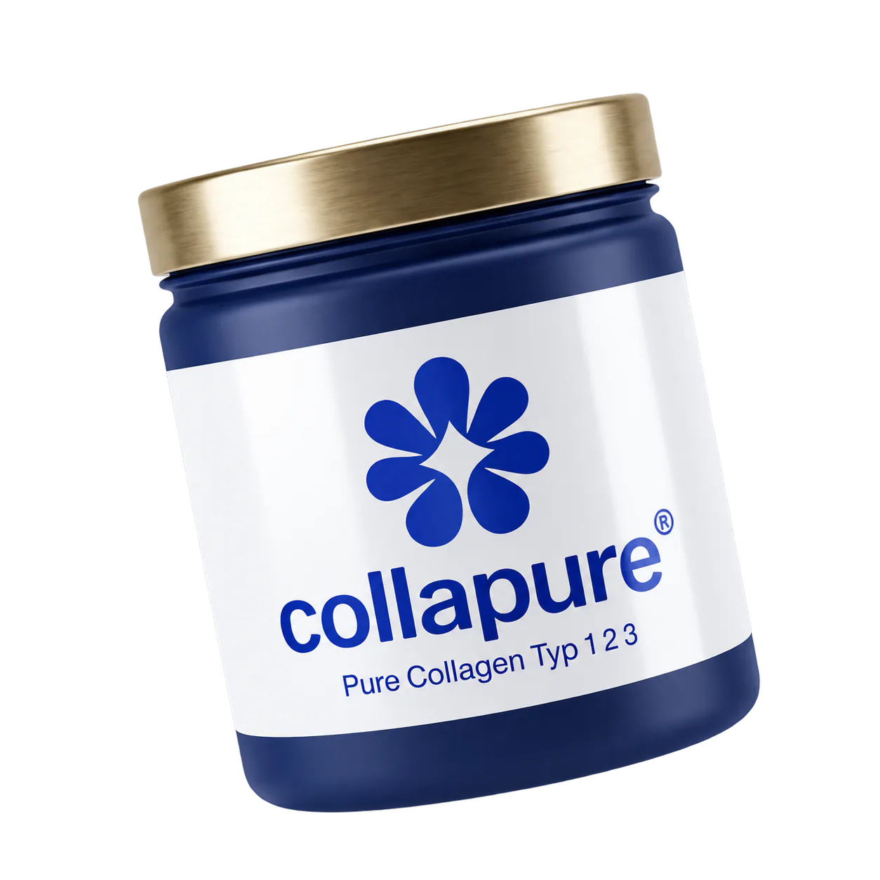 CollaPure®-Rohstoff in einer blauen Dose mit goldenem Deckel
