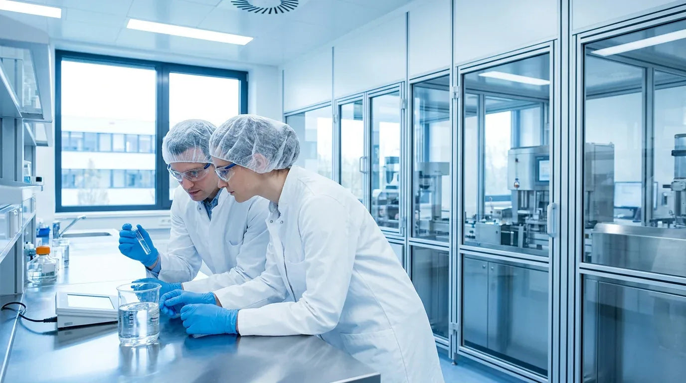 Zwei Personen in Laborkleidung untersuchen eine Probe in einem Labor.