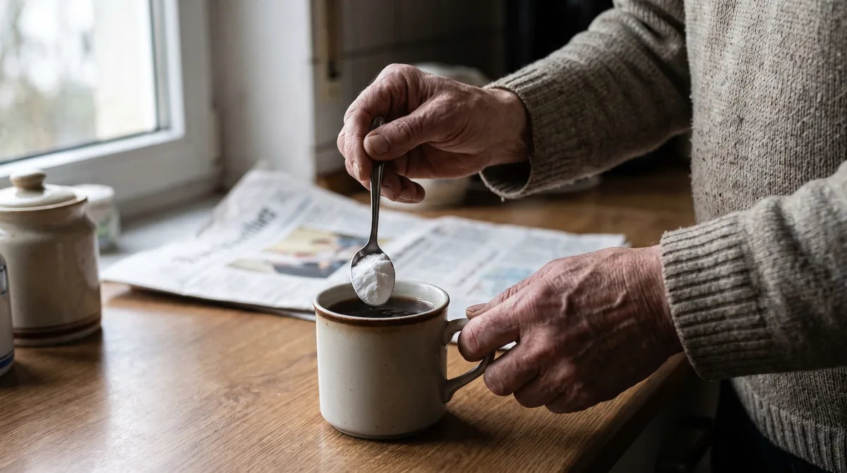 Ein älterer Mann rührt die Portion in eine Tasse an seinem Frühstückstisch ein